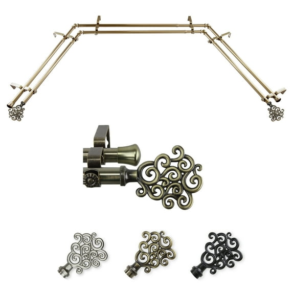 Goldie 13/16" Double Bay Window curtain rod Adjustable 20"-36", 38"-72" - Antique Brass,(ABay-71-4D)