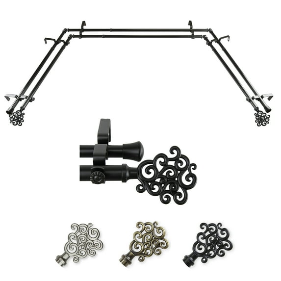 Goldie 13/16" Double Bay Window curtain rod Adjustable 20"-36", 38"-72" - Black,(ABay-71-2D)