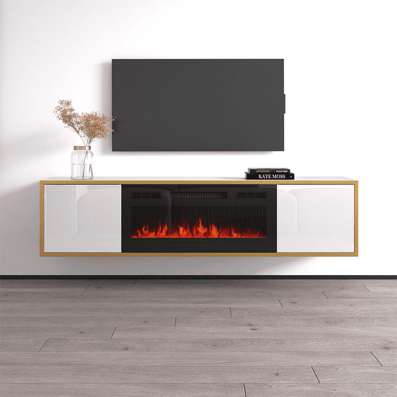 Goldie BL-EF Floating Fireplace TV Stand for TVs up to 75", Modern High Gloss 65" Entertainment Center, Wall Mounted Electric Fireplace TV Media Console with Storage Cabinets