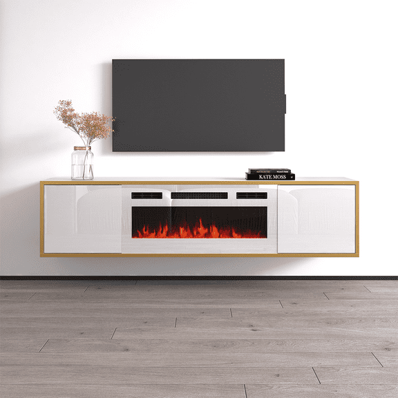 Goldie WH-EF Floating Fireplace TV Stand for TVs up to 75", Modern High Gloss 65" Entertainment Center, Wall Mounted Electric Fireplace TV Media Console with Storage Cabinets
