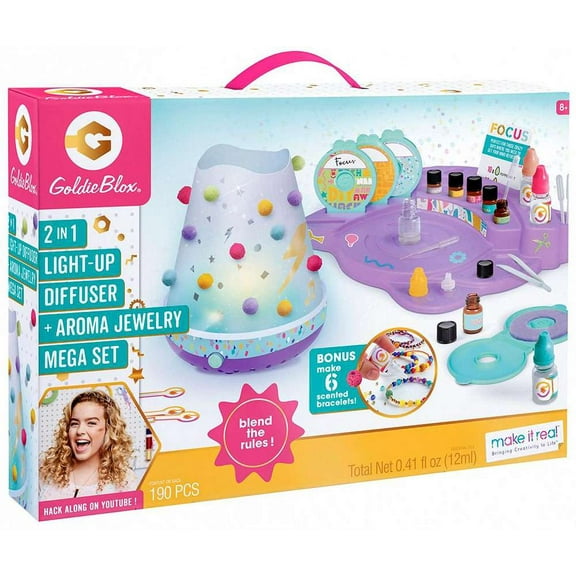 GoldieBlox Aroma Jewelry & Light Up Diffuser Kit, with Essential Oils Included, Multi-Color