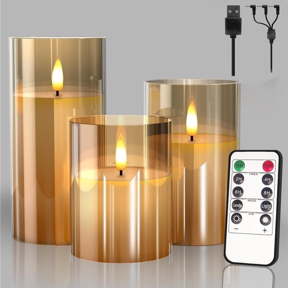 Goldprice Rechargeable Flameless Candle, LED Flickering Candles Tea Lights Pillar Candles Sets with Adjustable Brightness and Timing Remote, Battery Operated Acrylic USB Candles (D 3”×H 4”5”6”)