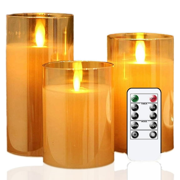 Goldprice Flameless Led Candles Flickering, Candle Real Wax Fake Wick Moving Flame Faux Wickless Pillar Battery Operated Candles with Timer Remote Glass Effect for Festival Wedding Home Party Decor
