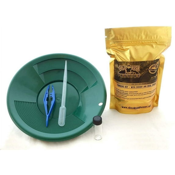 Gold Rush Paydirt Panning Kit - 5 Piece Kit with Gold Pan, Paydirt with Real Gold, Vial, Tweezers, Pipette, Instructions