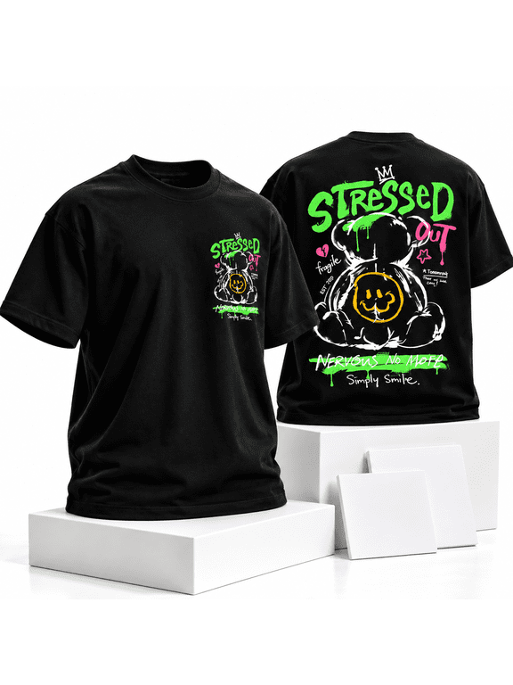 Men's Relaxed Fit Heavyweight Graphic Crew Neck T-Shirt, Stressed Out, Black, Size L