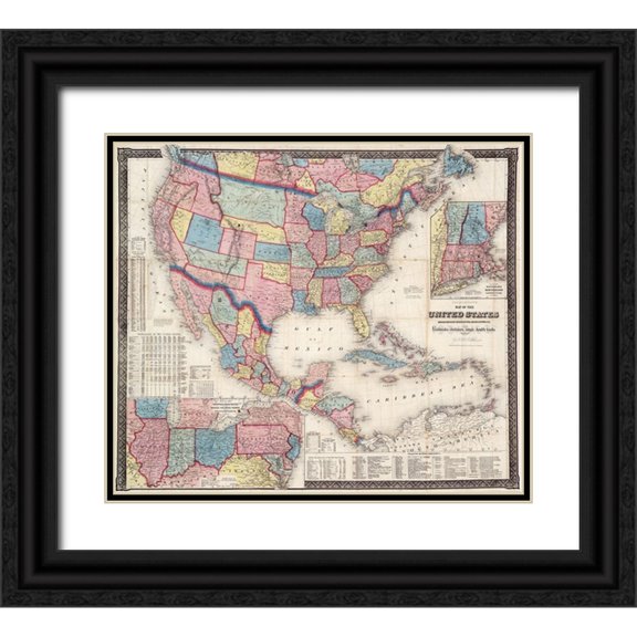 Goldthwait 30x26 Black Ornate Wood Framed with Double Matting Museum Art Print Titled - 1861 Map of US and North America