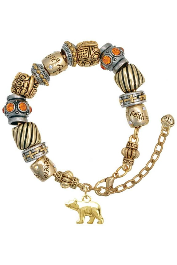 Goldtone 3-D Bear Two Tone Christian Bead Bracelet