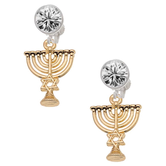 Goldtone 3-D Menorah - Clear Crystal Clip On Earrings
