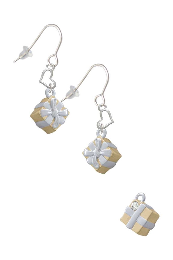 Goldtone 3-D Present with Crystal Heart French Earrings