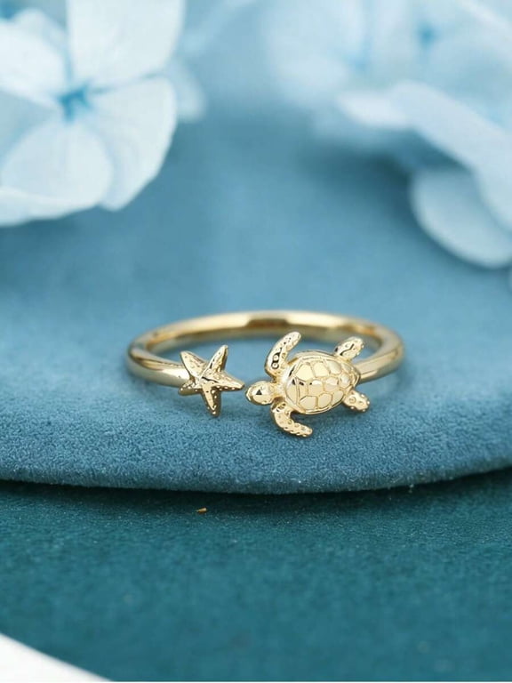 Goldtone Adjustable Sea Turtle And Starfish Open Ring, Ocean Theme Jewelry For Women