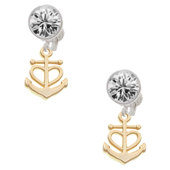 Goldtone Anchor with Heart Clear Crystal Clip On Earrings