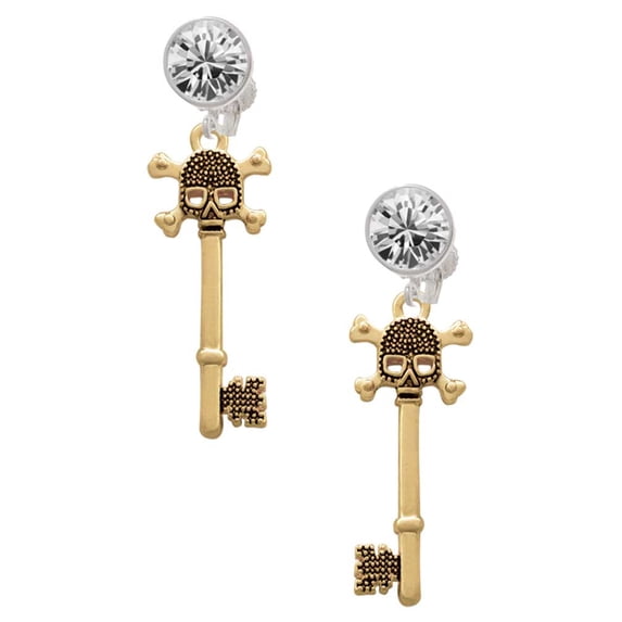 Goldtone Antiqued Beaded Skull Key Clear Crystal Clip On Earrings