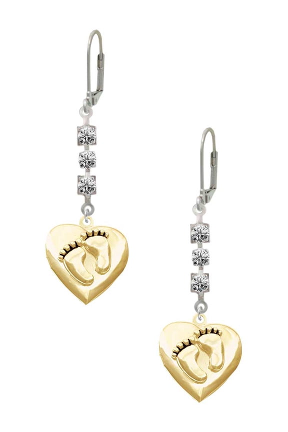 Goldtone Baby Feet Heart Locket Crystal Madison Leverback Earrings