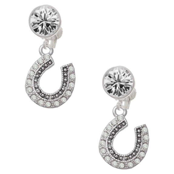 Delight Jewelry Silver Plated Beaded Clear Crystal Horseshoe with Good Luck Clear Crystal Clip On Earrings