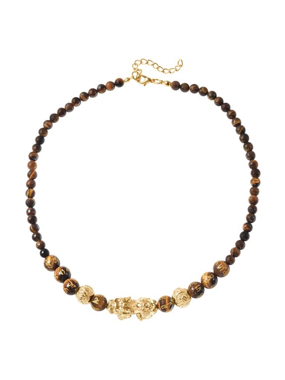 Goldtone Beads Feng Shui Yellow Tigers Eye Pi Xiu Carved Beaded Necklace for Women Size 18-20" Birthday Gifts for Women