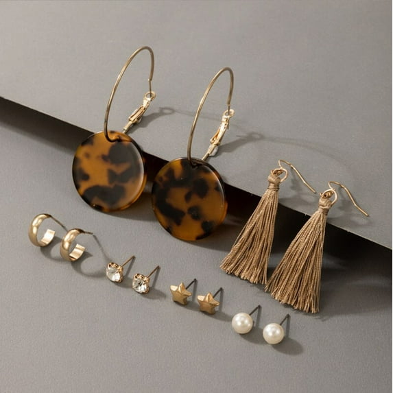 Goldtone Beige Tasseled Faux Tortoise Shell Earring Set