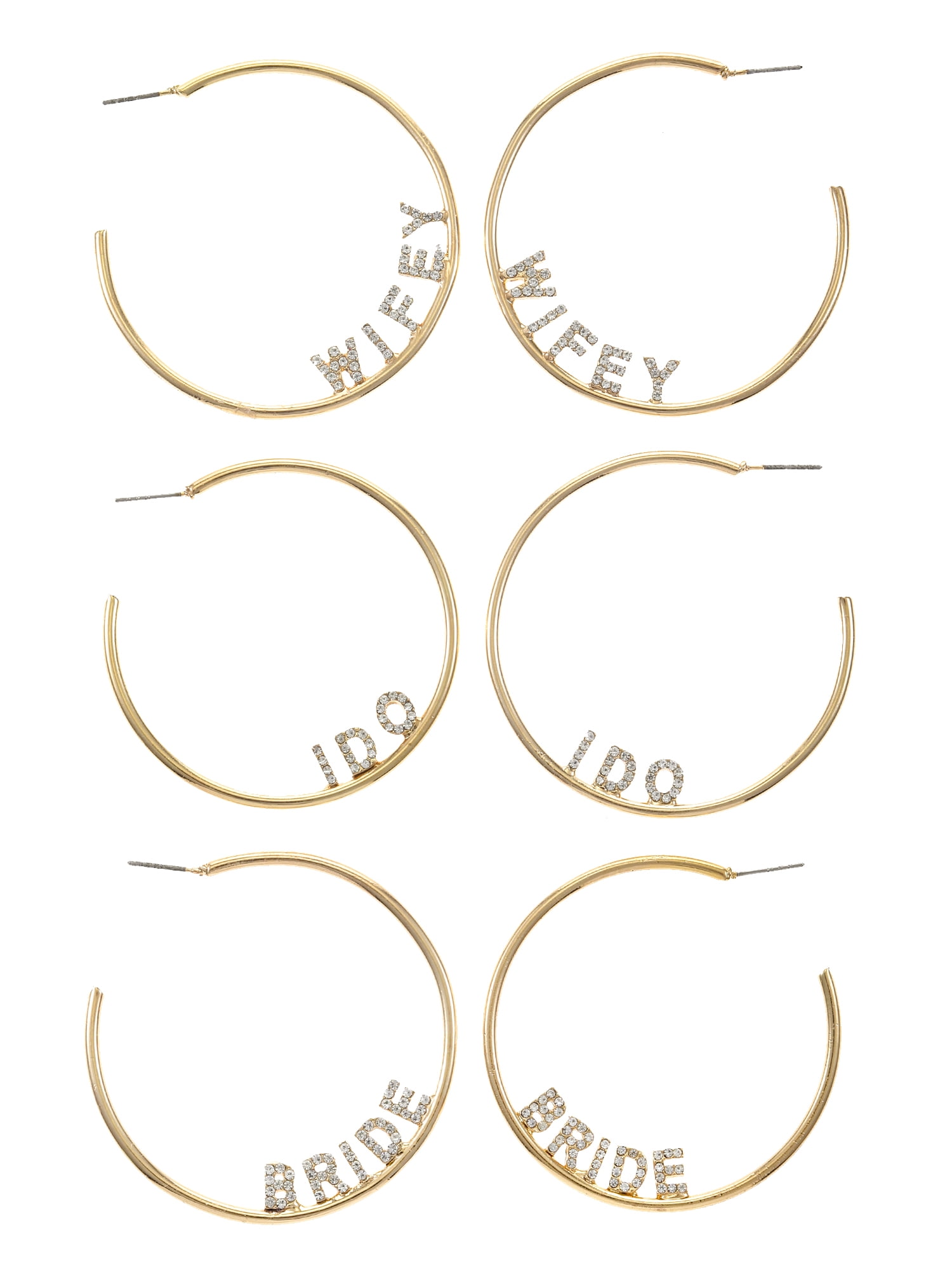 Goldtone Bridal Hoop Collection, "I Do", "Bride" and "Wifey", 3 Pairs