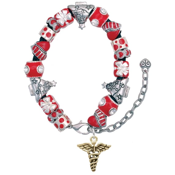 Goldtone Caduceus Red Christmas Bead Bracelet