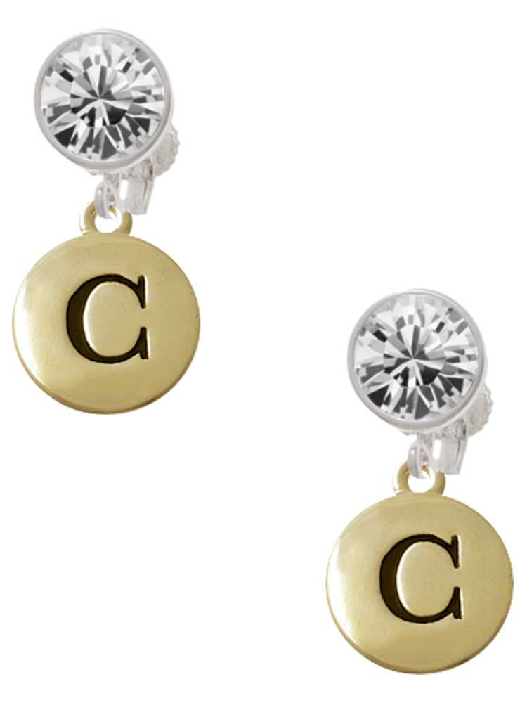 Goldtone Capital Letter - C - Pebble Disc - Clear Crystal Clip On Earrings