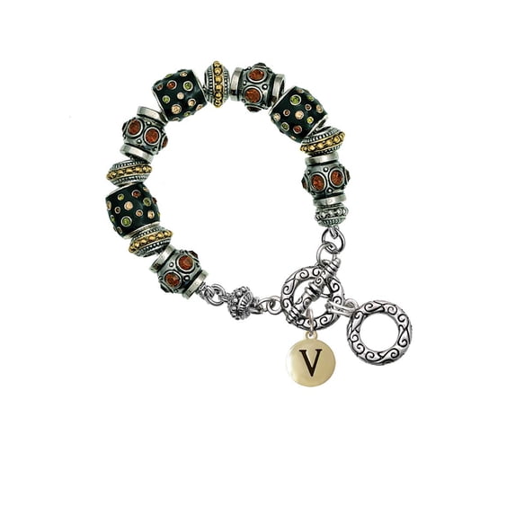 Goldtone Capital Letter - V - Pebble Disc - Fall Crystal Bead Charm Bracelet