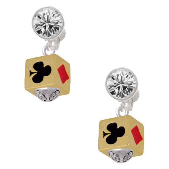 Goldtone Card Suits Square Spinner Clear Crystal Clip On Earrings