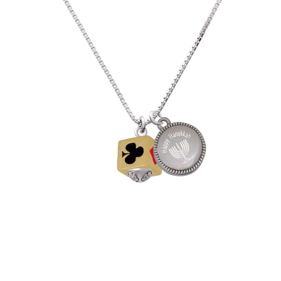 Goldtone Card Suits Square Spinner - Happy Hanukkah Menorah Necklace