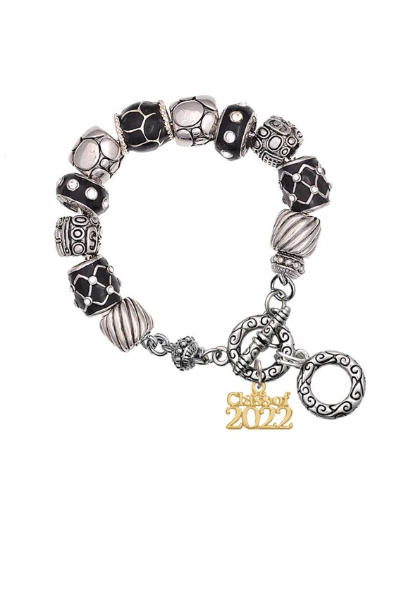 Goldtone Class of 2022 Black Pebble Bead Charm Bracelet