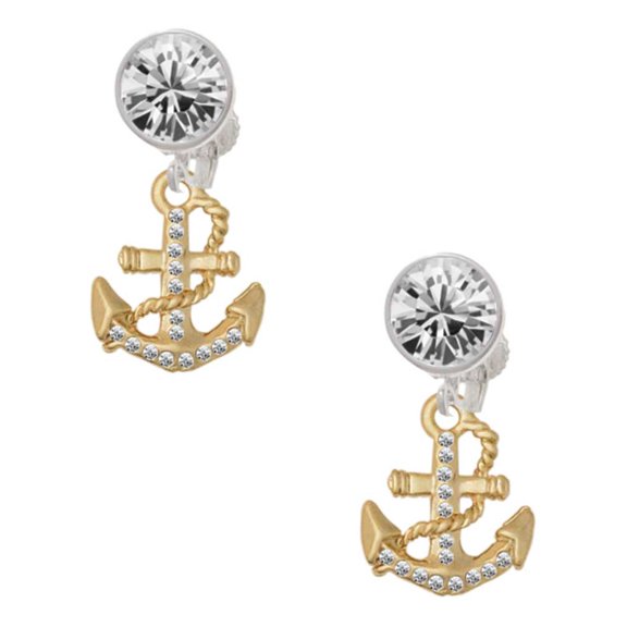 Goldtone Clear Crystal Anchor Clear Crystal Clip On Earrings