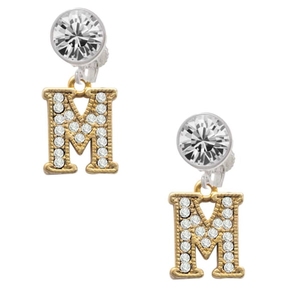 Goldtone Crystal Initial - M - Clear Crystal Clip On Earrings