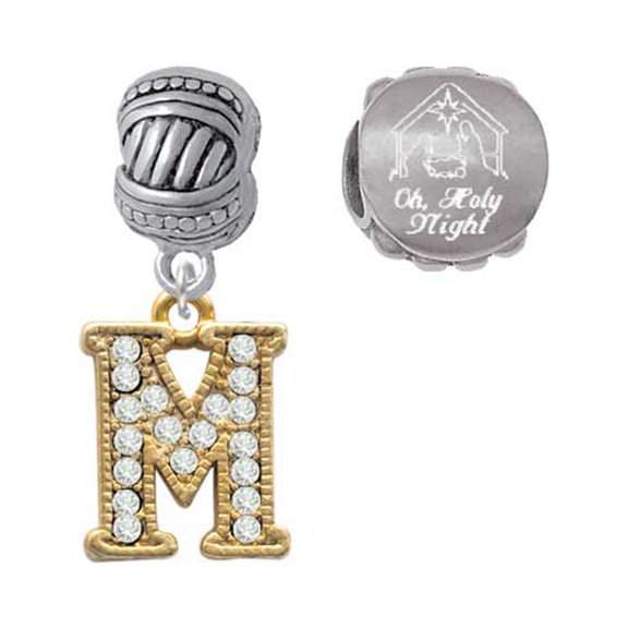 Goldtone Crystal Initial - M - Come Let us Adore Him Charm Beads (Set of 2)