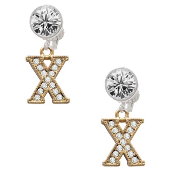 Goldtone Crystal Initial - X - Clear Crystal Clip On Earrings