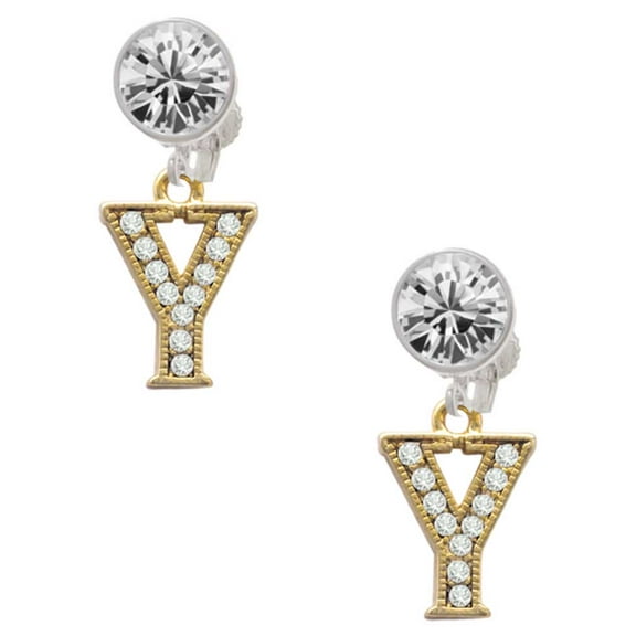 Goldtone Crystal Initial - Y - Clear Crystal Clip On Earrings