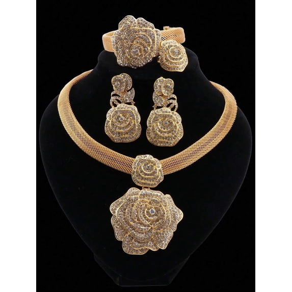 Goldtone Crystal Rose Jewelry Set: Necklace, Earrings, Bracelet