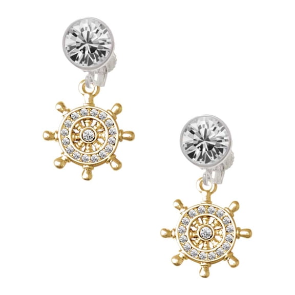 Goldtone Crystal Ship Wheel - Direction Clear Crystal Clip On Earrings