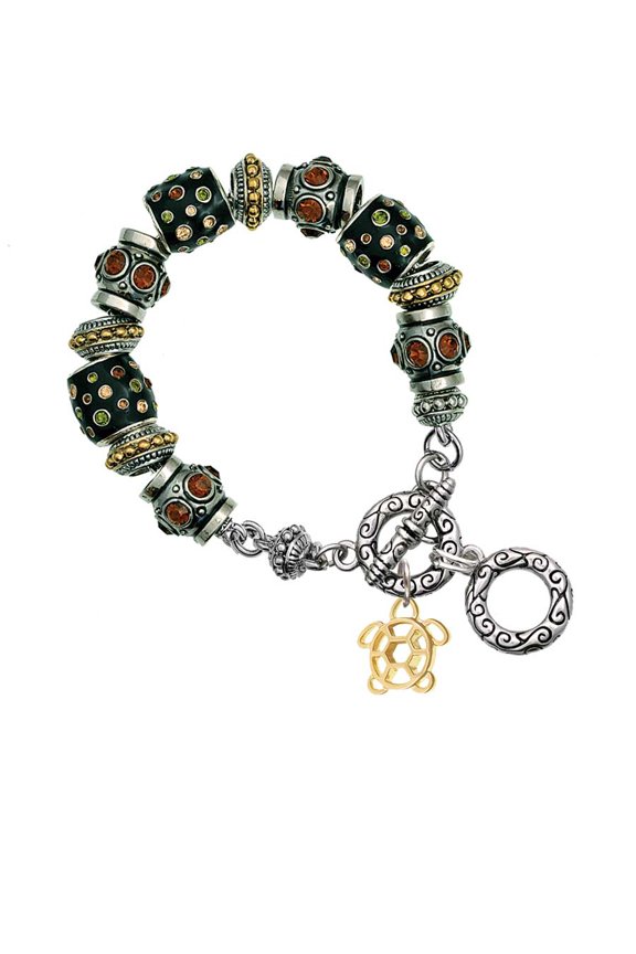 Goldtone Cutout Sea Turtle Fall Crystal Bead Charm Bracelet