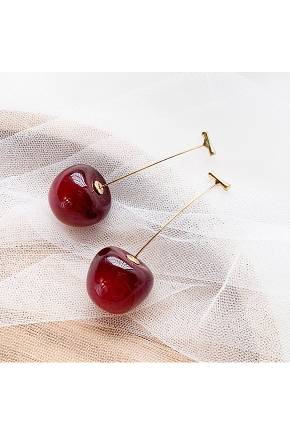 Goldtone Deep Red Cherry Drop Earrings
