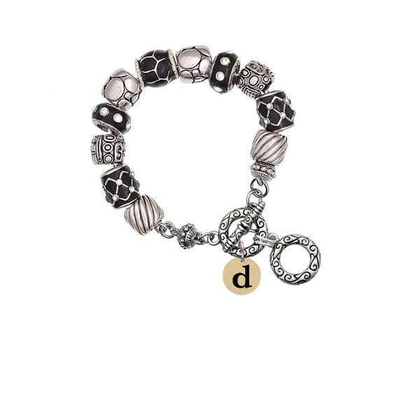 Goldtone Disc 1/2'' Initial - d - Black Pebble Bead Charm Bracelet