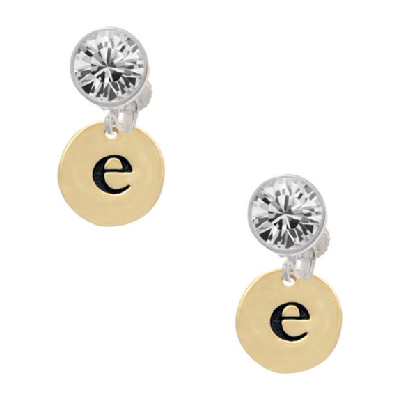 Goldtone Disc 1/2'' Initial - e - Clear Crystal Clip On Earrings