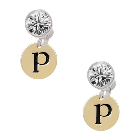 Goldtone Disc 1/2'' Initial - p - Clear Crystal Clip On Earrings