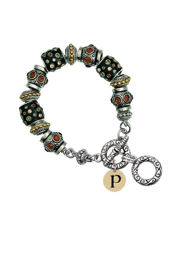 Goldtone Disc 1/2'' Initial - p - Fall Crystal Bead Charm Bracelet