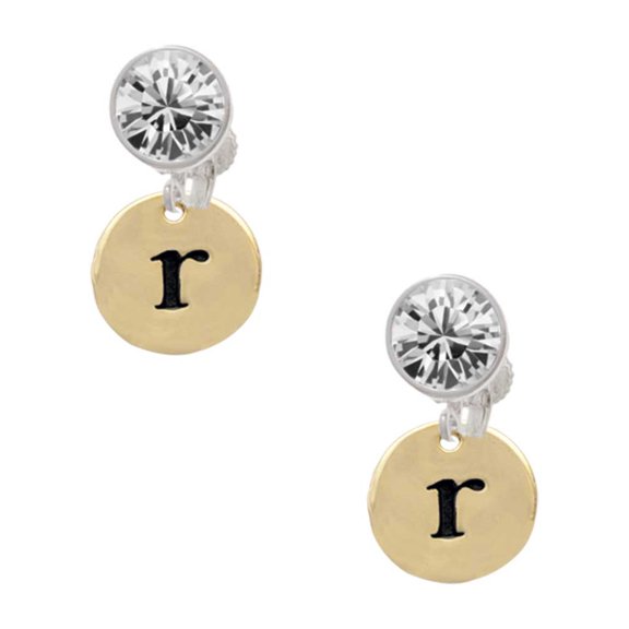 Goldtone Disc 1/2'' Initial - r - Clear Crystal Clip On Earrings