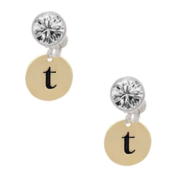 Goldtone Disc 1/2'' Initial - t - Clear Crystal Clip On Earrings