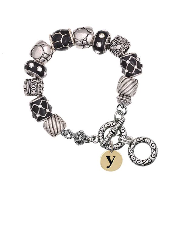 Goldtone Disc 1/2'' Initial - y - Black Pebble Bead Charm Bracelet