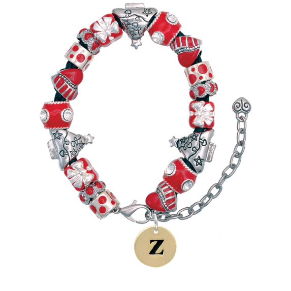 Goldtone Disc 1/2'' Initial - z - Red Christmas Bead Bracelet