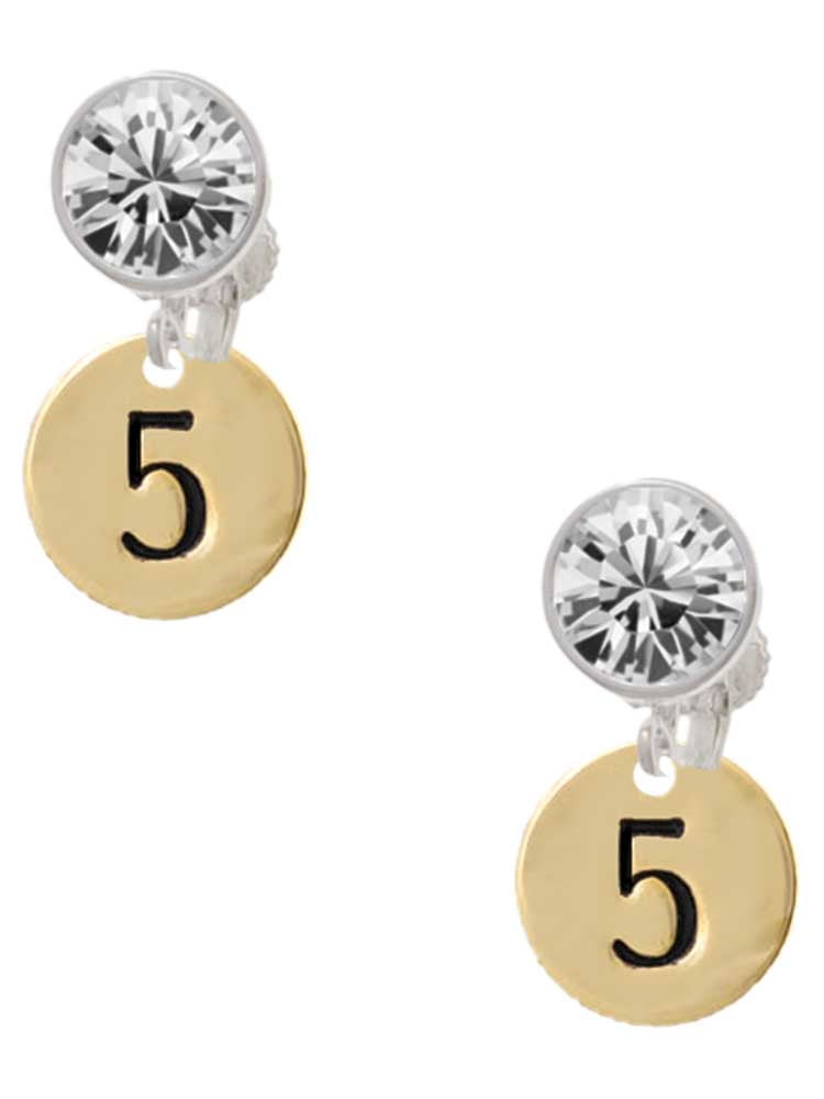 Goldtone Disc 1/2'' Number - 5 - Clear Crystal Clip On Earrings