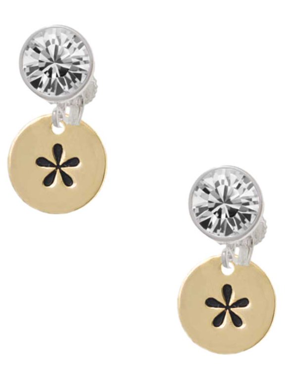 Goldtone Disc 1/2'' - Symbol - Asterisk - * - Clear Crystal Clip On Earrings