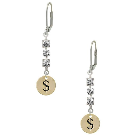 Goldtone Disc 1/2'' - Symbol - Dollar Sign - $ - Crystal Madison Leverback Earrings