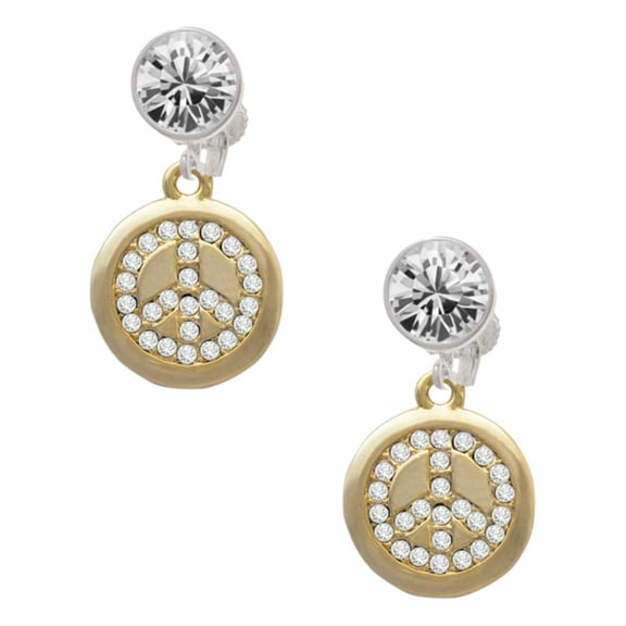 Goldtone Disc with Crystal Peace Sign Clear Crystal Clip On Earrings