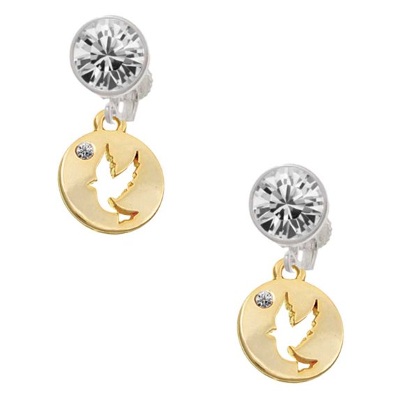 Goldtone Dove Disc Clear Crystal Clip On Earrings