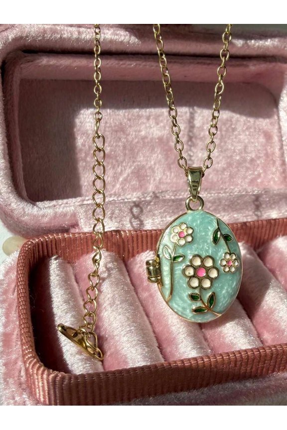 Goldtone Enamel Floral Locket Pendant Necklace In Mint Green With Pink